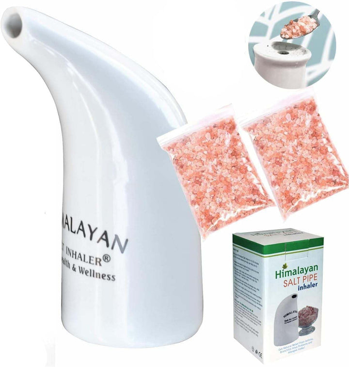 Himalayan Salt Inhaler, White Ceramic, with Pink Salt Crystals, Natural Respiratory Wellness, 200 Gram Salt Free Natural Respiratory Aid