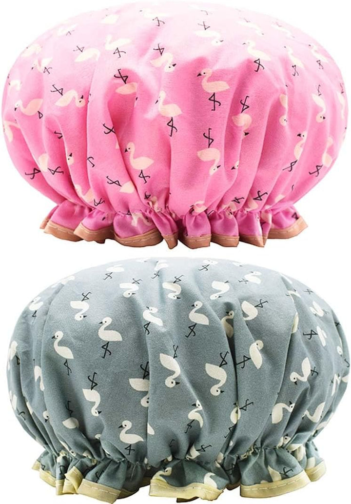2 Pcs Bath Caps Elastic Band Double Layers Waterproof Shower Caps with Ruffled Edge Covering Ears Keeping Hair Dry Kitchen Oil-Proof Cap for Girls and Women