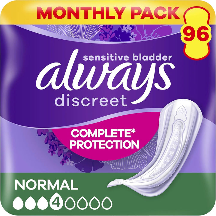 Incontinence Pads Women, Normal, Absorbency 3 or 4, 96 Sanitary Towels (24 X 4 Packs), Complete Protection for Bladder Weakness Pads Women, Odour Neutraliser
