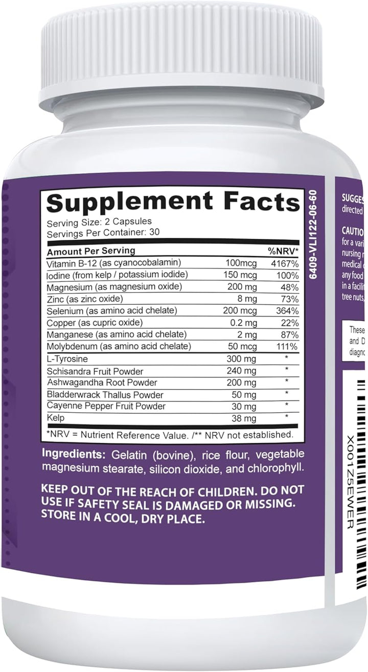 Thyrocare #1Thyro & Energy Support Supplement | Advanced Metabolism & Focus Formula with Kelp, Iodine, L-Tyrosine, Ashwaganda, B12, Selenium, Schisandra, Cayenne | 60 Capsules (Non-Gmo)