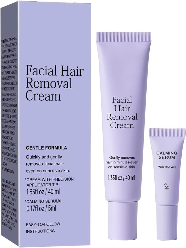 Facial Hair Removal Cream for Women, Ladies Body and Face Hair Remover Cream for Sensitive Skin, Upper Lip, Chin & Cheeks + Calming Serum, 8-Minute Fast Acting Gentle Painless Depilatory Creams Kit