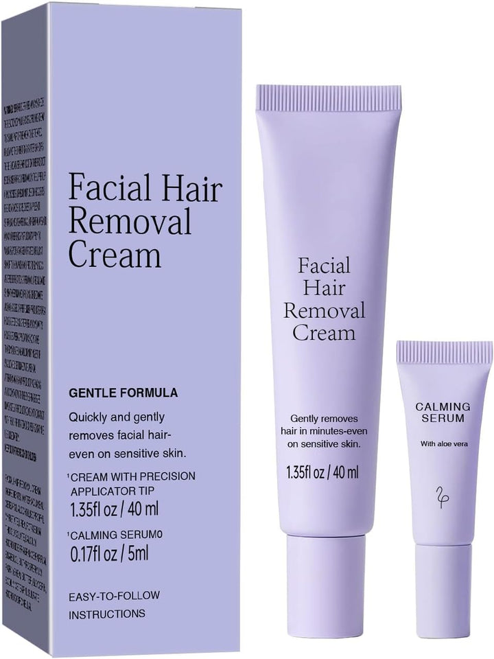 Facial Hair Removal Cream for Women, Ladies Body and Face Hair Remover Cream for Sensitive Skin, Upper Lip, Chin & Cheeks + Calming Serum, 8-Minute Fast Acting Gentle Painless Depilatory Creams Kit