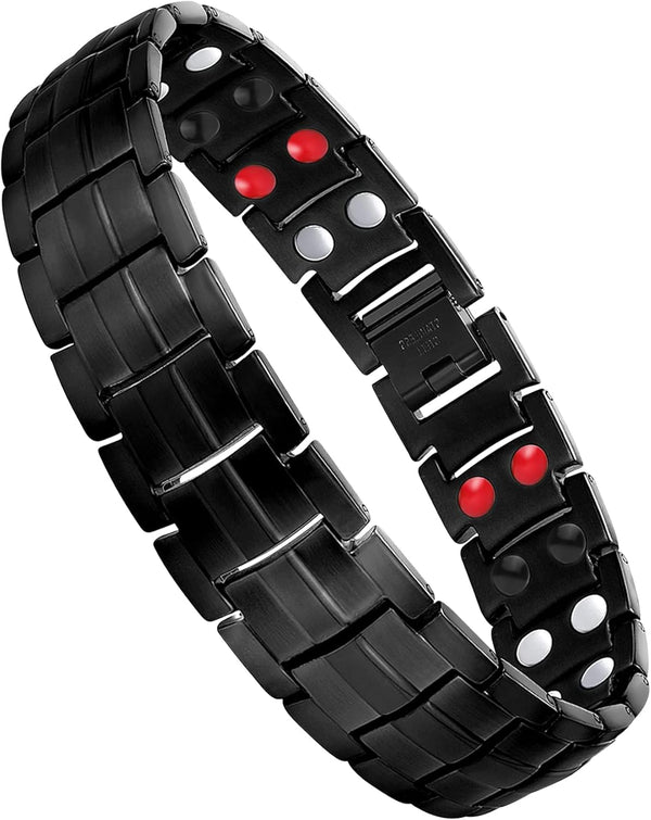 Titanium Steel Magnetic Bracelets for Men,4 Element Double Row Strength Magnets Wristband Magnetic Brazaletes with Free Links Removal Tool & Jewelry Gift Box