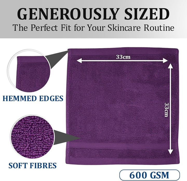 4 Packs Zero Twist Face Cloths 33X33Cm - 100% Cotton Washcloths Absorbent & Super Soft Hotel Quality Towels | Oeko-Tex Certified (4, Plum Purple)