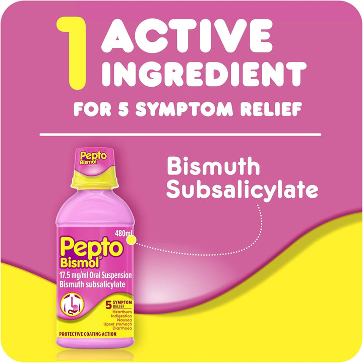 Pepto-Bismol for Nausea, Heartburn, Indigestion, Upset Stomach and Diarrhoea, 5 Symptom Relief 480Ml