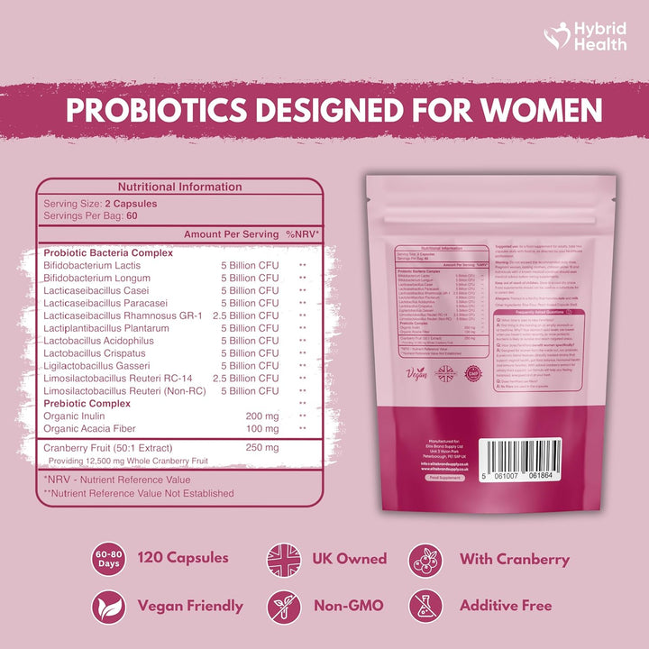 Probiotics for Women | 120 Vegan Capsules | 50 Billion CFU Womens Probiotics for Gut Health | 11 Probiotic Researched Strains with Prebiotics & Cranberry Extract | Vegan Non-Gmo