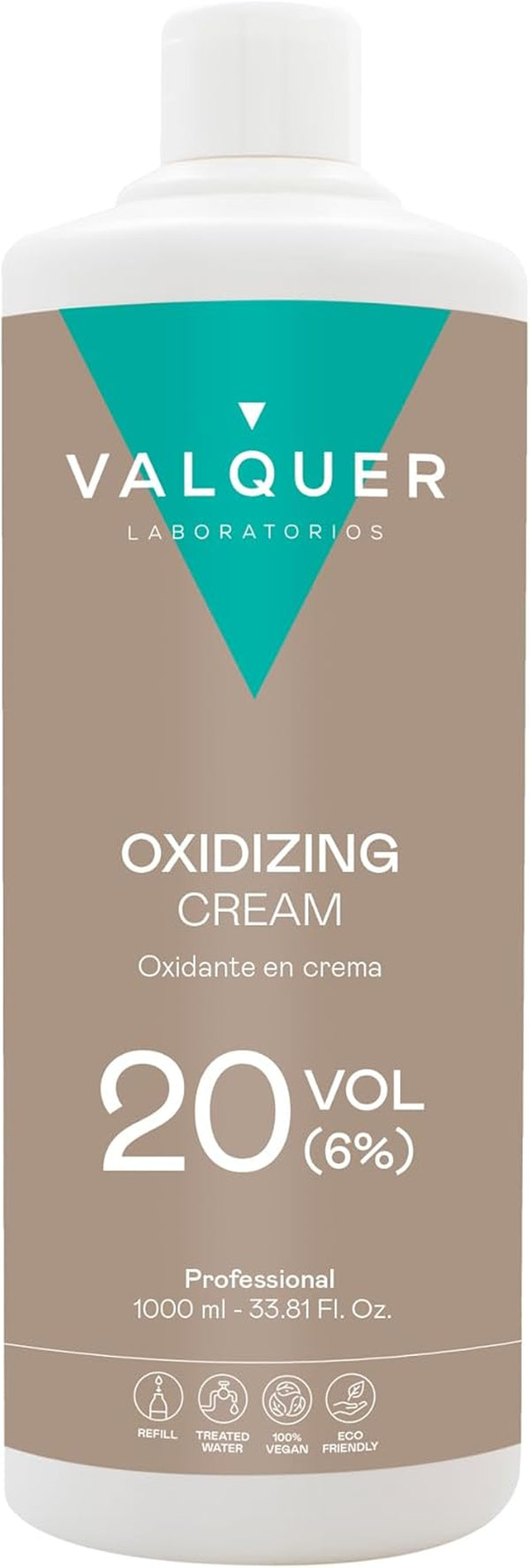 VALQUER Stabilized Hydrogen Peroxide Cream 20 Volume 6%, Oxidizer for Permanent Hair Coloring and Bleaching. Vegan Formulation with Natural Ingredients. Professional Use. 1L.