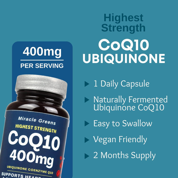 Coq10 400Mg - Highest Strength Ubiquinone Coenzyme Q10 | Powerful Antioxidant for Heart and Vascular Health, Essential for Energy Production | 60 Capsules - 2 Month Supply | Made in the UK