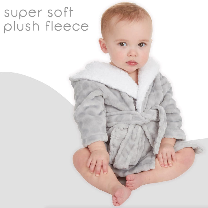 Baby Girls Boys Grey Circle Textured Fleece Robe Hooded Dressing Gown with Sherpa Fleece Size 0-12 Months