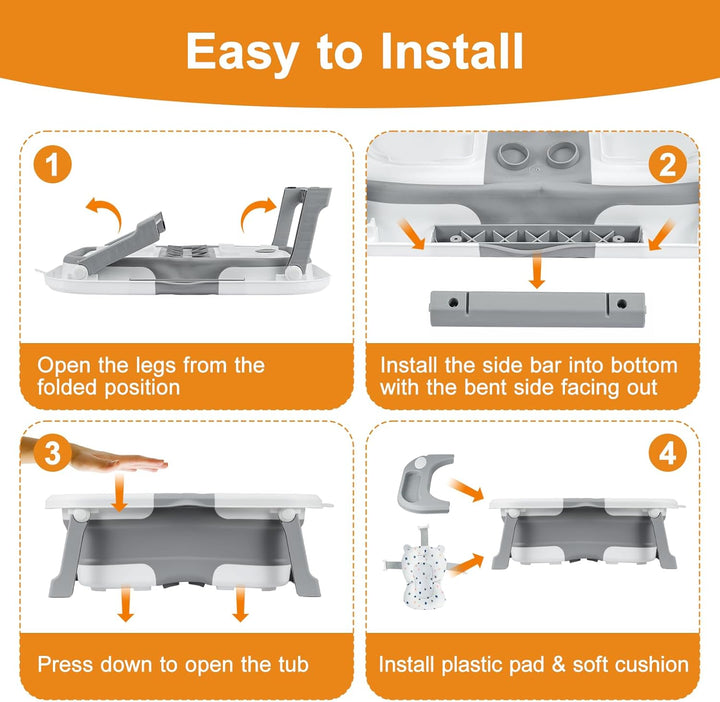 Foldable Baby Bathtub – Portable Collapsible Infant Tub with Seat Support & Heat-Sensitive Drain – Newborn to Toddler (0-36 Months) – Safe, Non-Slip & Space-Saving (Grey)