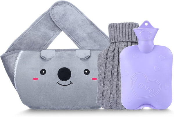 Hot Water Bottle with 2 Pack Waist Cover, Warm Water Bag Rubber Winter Hot Water Pouch with Soft Plush Hand Waist Warmer Cover Hot Water Bag Baby Product (Grey with Cover)