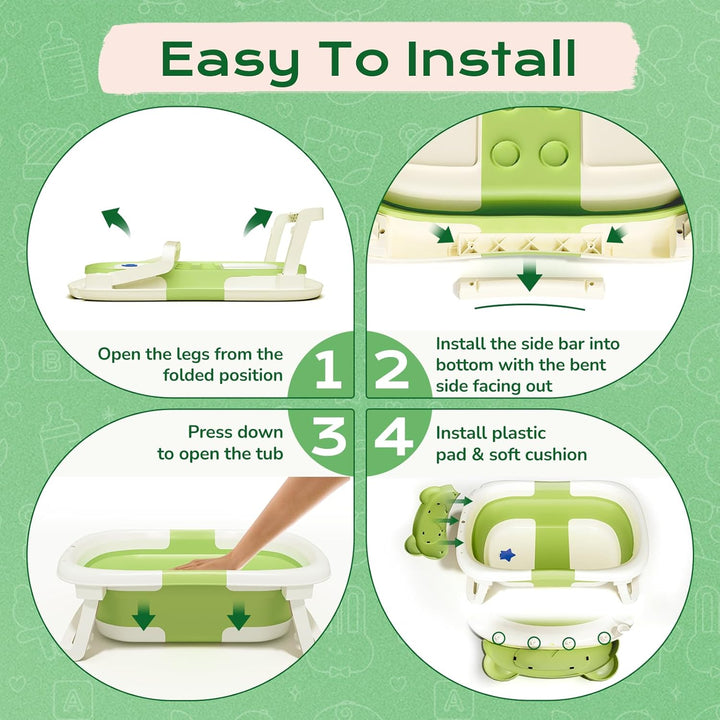 Foldable Baby Bath Tub for Newborn, Collapsible Baby Bathtub with Soft Support Cushion (0-18Months), Baby Shower for Infant to Toddler Gift, Travel Outdoor Design (Green)