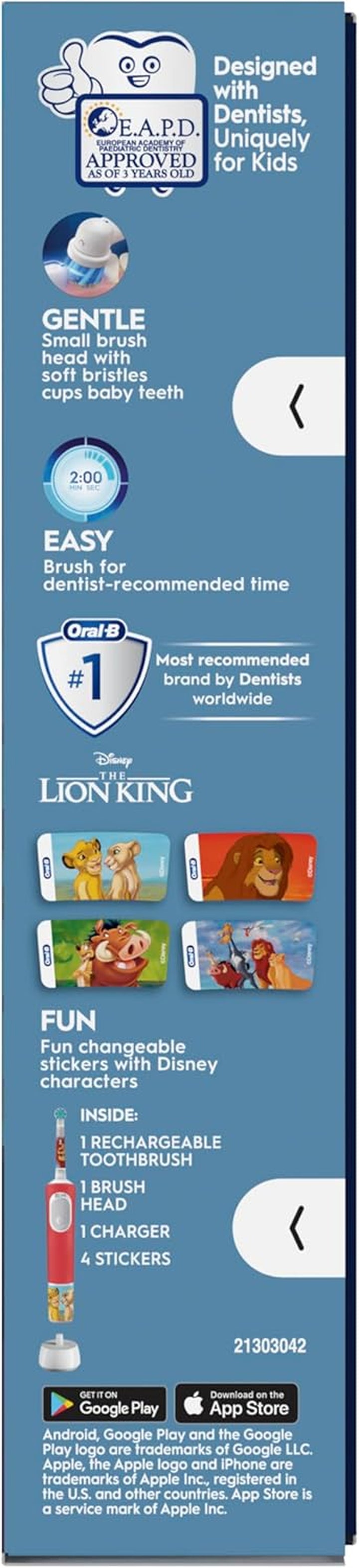 Pro Kids Electric Toothbrush, 1 Handle Featuring Disney the Lion King, 1 Toothbrush Head, Designed by Braun, for Ages 3+