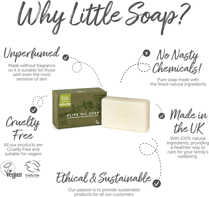 Little Soap Olive Oil Soap Bar - Vegan, Cruelty Free, No SLS or Parabens, Mediterranean Range, Bar of Soap Perfect for Sensitive Skin, Natural Eco Friendly Body & Hand Soap, 100G (Olive)