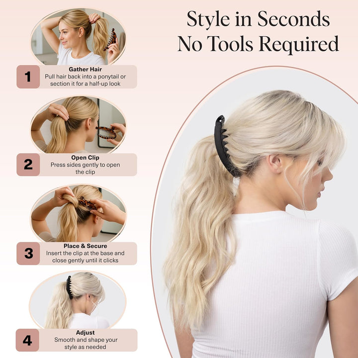 Banana Clip - Secure & Sturdy Large Banana Clips for Women | No Crease, Durable Hair Accessories for Women | Great for Stylish Ponytails & Updo - Black & Tortoise, 2 Pcs