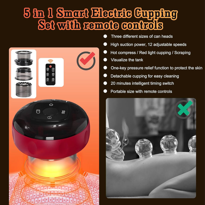 5 in 1 Electric Cupping Set Gua Sha Cupping Set with Remote 12 Adjustable Temperatures Vacuum Cupping Massager with Red Light for Body Reduce Muscle Pain with 3 Cups (Red)