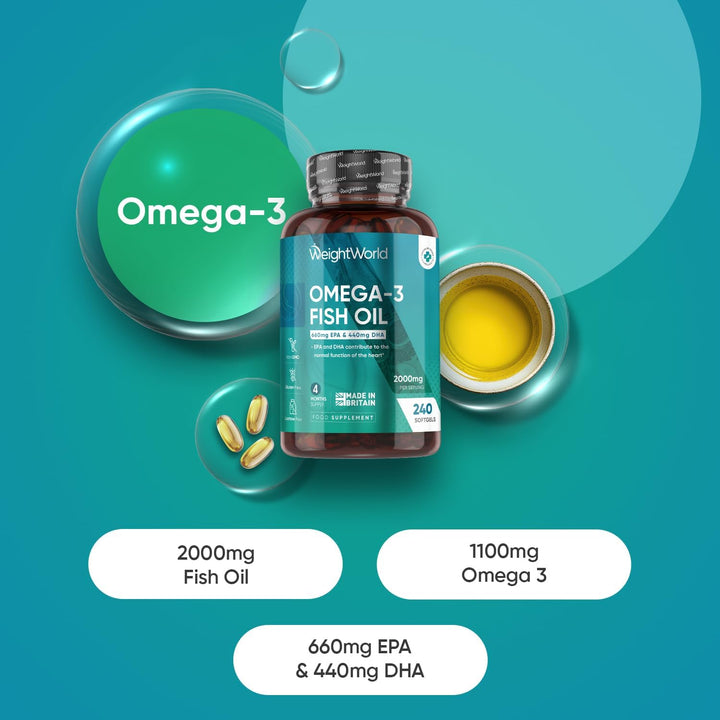 Omega 3 Fish Oil 2000Mg - 240 Softgels (4 Months Supply) - 660Mg EPA & 440Mg DHA - Omega 3 Fatty Acids Supplements - Fish Oil Capsules - Made in the UK - Gluten-Free & Lactose-Free Capsules