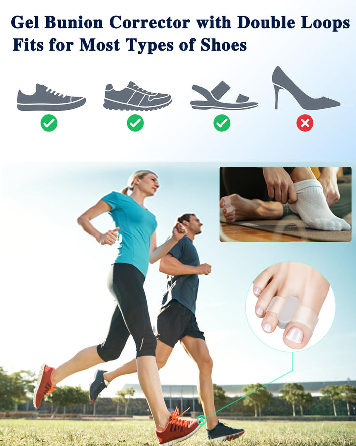 PGRODE Bunion Toe Separators Gel Bunion Corrector Soft Big Toe Spacers for Feet Women Men Toe Correct, Elasticity Hammer Toe Straightener with 2 Loops (2 Nylon+2Gel)