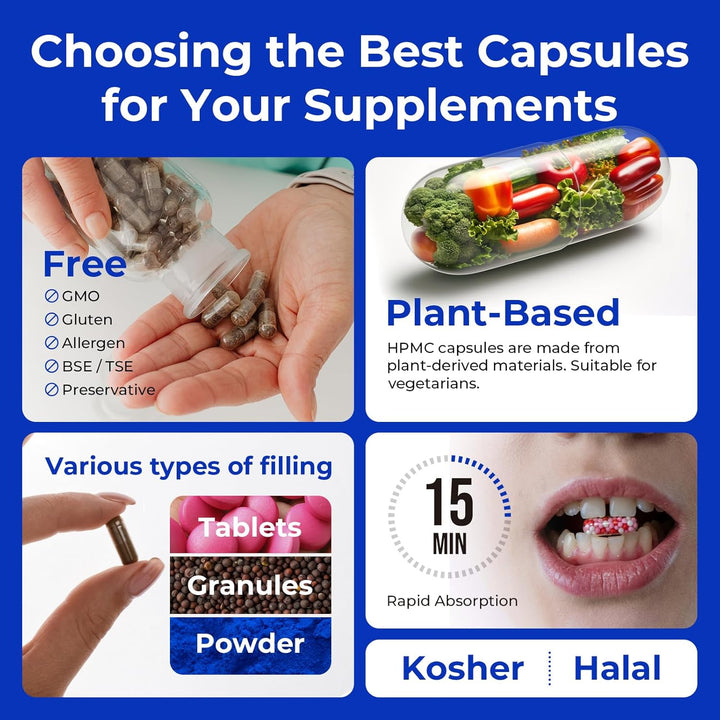 Empty Capsules Size 000 100 Count,Clear Empty Vegan Capsules Kosher,Halal and Non GMO Certified for DIY Supplements.Hypoallergenic Veggie Capsule Empty with 2 Spoons,Adapted to the Capsule Filler