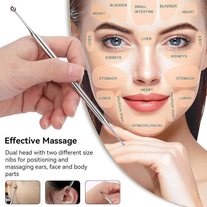 Dual Head Facial Reflexology Tools, 15Cm Stainless Steel Acupuncture Needle Portable Ear and Body Point Probe Pen Self Deep Tissue Massage Tool