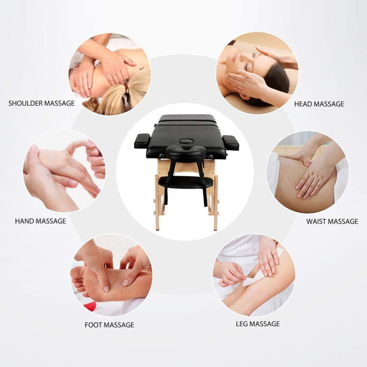Portable Massage Table Folding Spa Beauty Bed Lightweight Tattoo Therapy Couch Wooden 60 Cm Width 3 Section Black