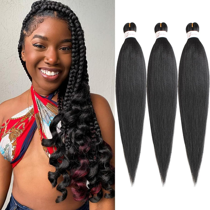 3 Packs Pre Stretched Braiding Hair Extension Yaki Texture EZ Braids Hair for Coi Leray Braids Black Braiding Crochet Hair Extensions /30 Inch 1B#