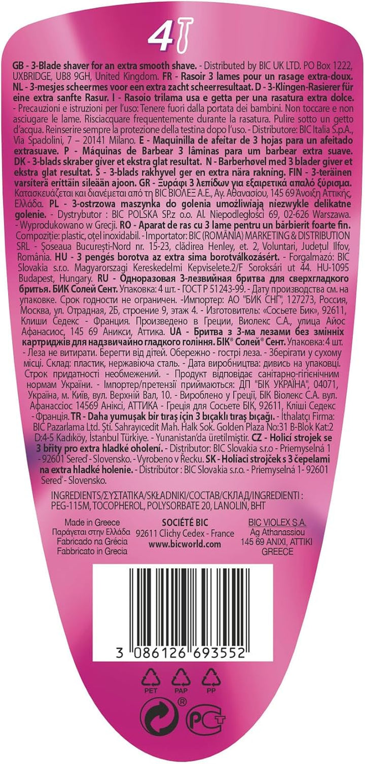 Soleil Scent 3-Blade Lady Razor with Lubricating Strip for a Smooth Shave and Easy Grip Handle, Pack of 4