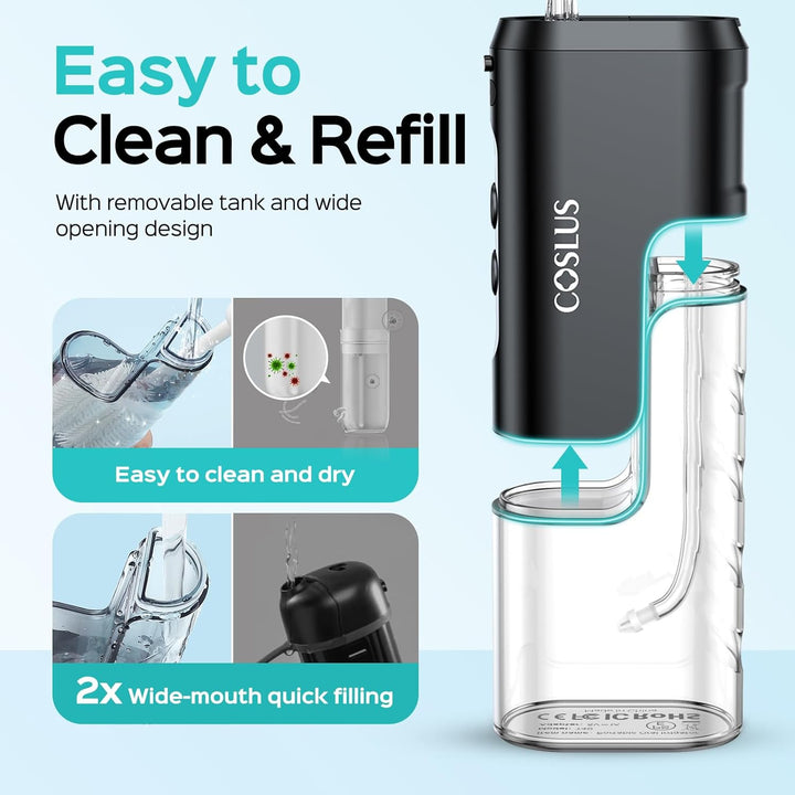 Mini Water Flosser for Travel: Portable Compact Design - Removable Tank for Easy Cleaning - 4 Modes IPX7 Electric Flosser for Braces/Orthodontic/Sensitive Gums On-The-Go Use, Black(T40)