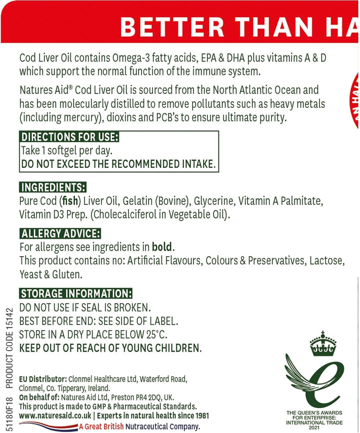 Cod Liver Oil 1000Mg Softgels – High Strength Omega-3 Fish Oil with Vitamins a & D – Supports Immune System, Heart Health, Brain, Vision, Joints – Non-Gmo – 180 Capsules