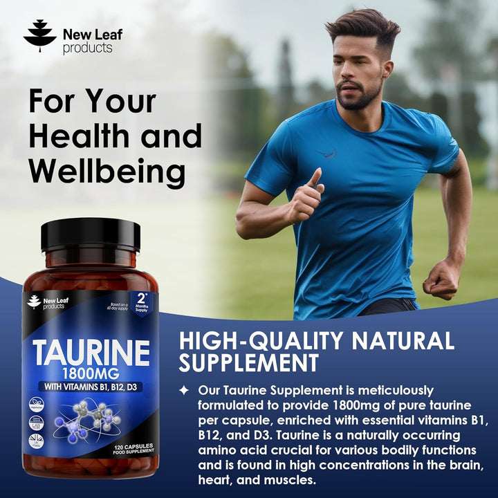 Taurine Supplement - High Strength 1800Mg Capsules Enriched with Vitamins B1, B12 & Vitamin D3-120 Amino Acids Capsules - Vegetarian Made in the UK by New Leaf