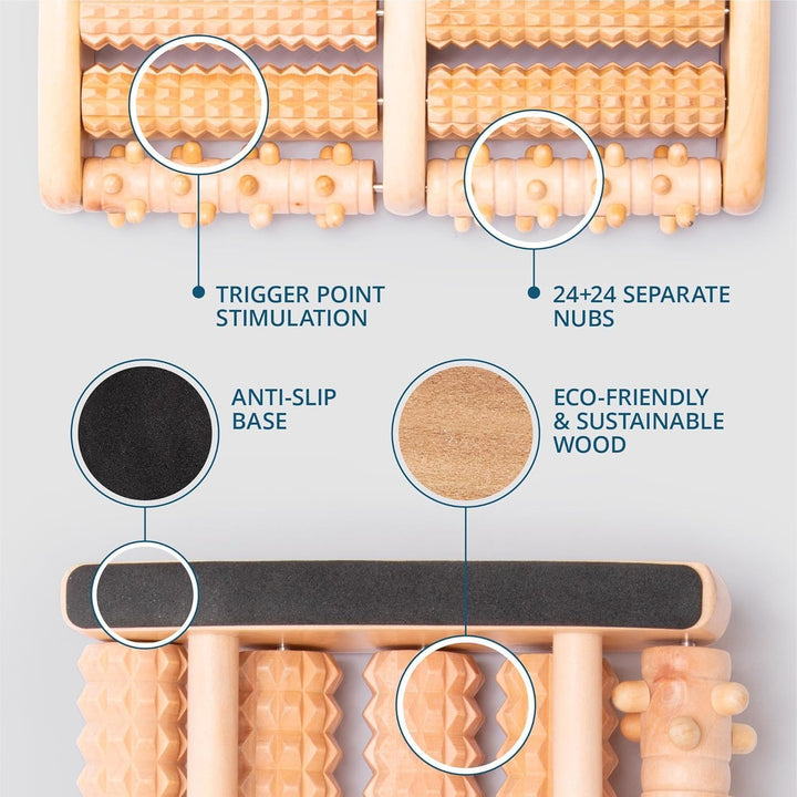 Wooden Foot Massager Roller - Acupressure Plantar Fasciitis Massager, Wellness & Walking Gifts for Women & Men, Foot Massagers for Pain and Circulation (Plus Reflexology Chart)