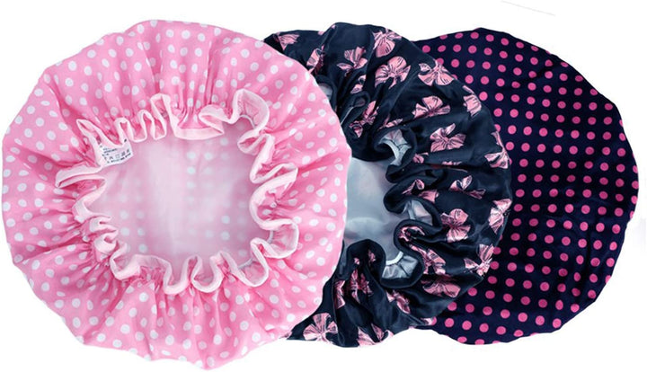 Prettydate 3 Packs Double Layer Shower Cap Waterproof Elastic Bath Cap for Women Shower Spa Salon