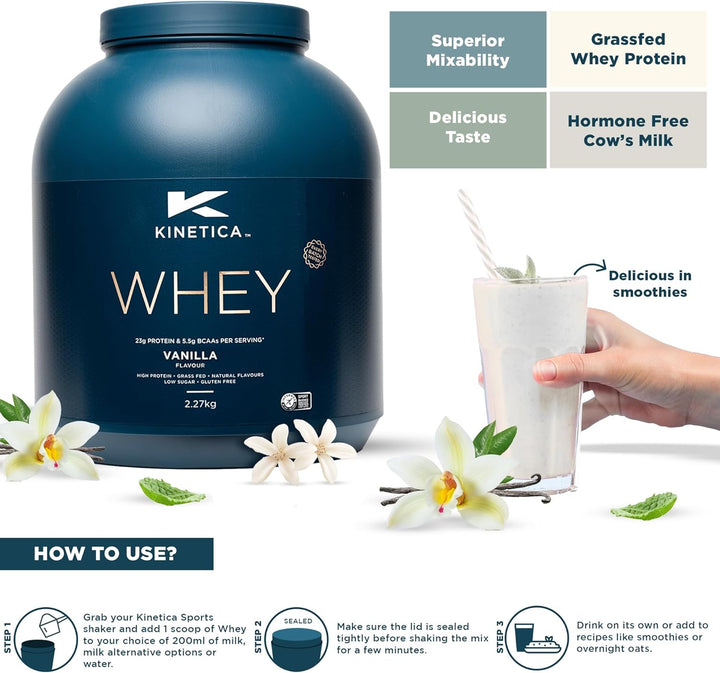 Sports Whey Protein Powder - Vanilla Flavour | 23G Protein/Serve, 76 Servings/2.27Kg Pack |Gluten Free Supplement | Optimum for Muscle Growth & Recovery | Mixes Well with Water, Milk & Shakes