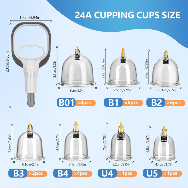 Cupping Therapy Set, 24 PCS Suction Cups with Pumping Handle, Professional Traditional Chinese Acupoint Vacuum Cupping Set, anti Cellulite Massage for Back, Muscle Tension Pain Relief