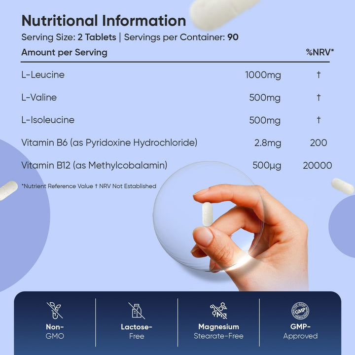 BCAA Tablets 2000Mg - 180 Tablets - with Key Amino Acids - Vitamin B6 & B12-3 Months Supply - Vegan BCAA Supplement - for Men & Women - Vegan & Non-Gmo