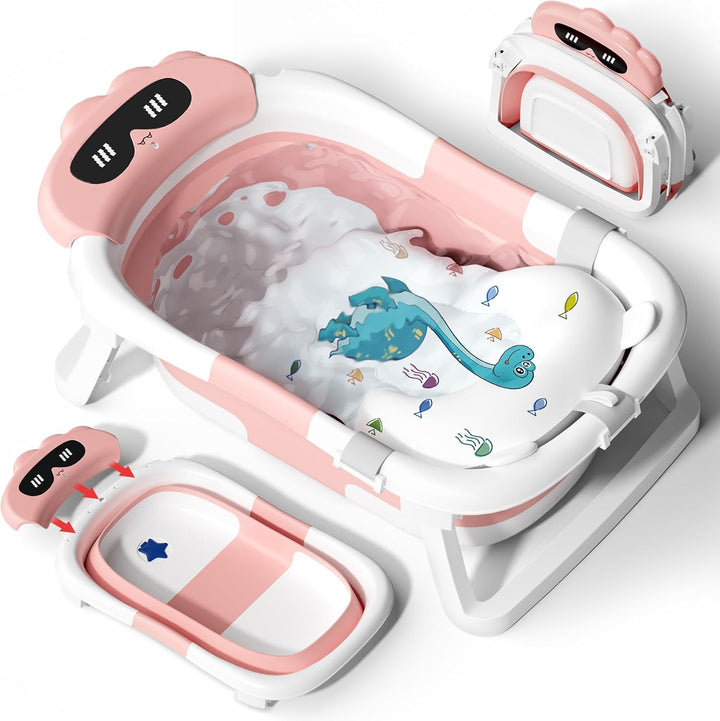 Foldable Baby Bath Tub for Newborn, Collapsible Baby Bathtub with Soft Support Cushion (0-18Months), Baby Shower for Infant to Toddler Gift, Travel Outdoor Design (Green)