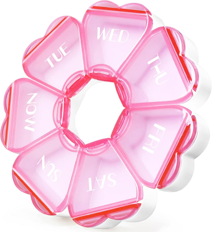 Weekly Pill Organiser, Cute, 7 Day, Large Compartments, Portable Tablet Box, Round, Vitamin and Supplement Case (Pink)