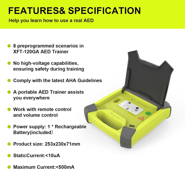 AED Trainer, Rechargeable Defibrillator Trainer with Remote Control, CPR Training Defibrillator Simulator, 8 Scenarios, 4 Prompts Voice - English, French, Italian, Chinese, -120GA AED Trainer