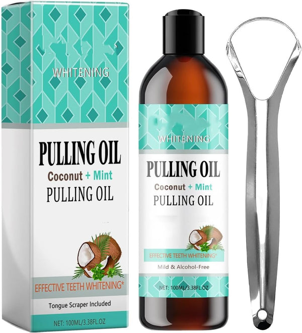 Coconut Mint Mouthwash - Whitens Teeth, Reduces Plaque and Bad Breath | Alcohol-Free, Includes Tongue Scraper | 100Ml Ayurvedic Oral Care Set