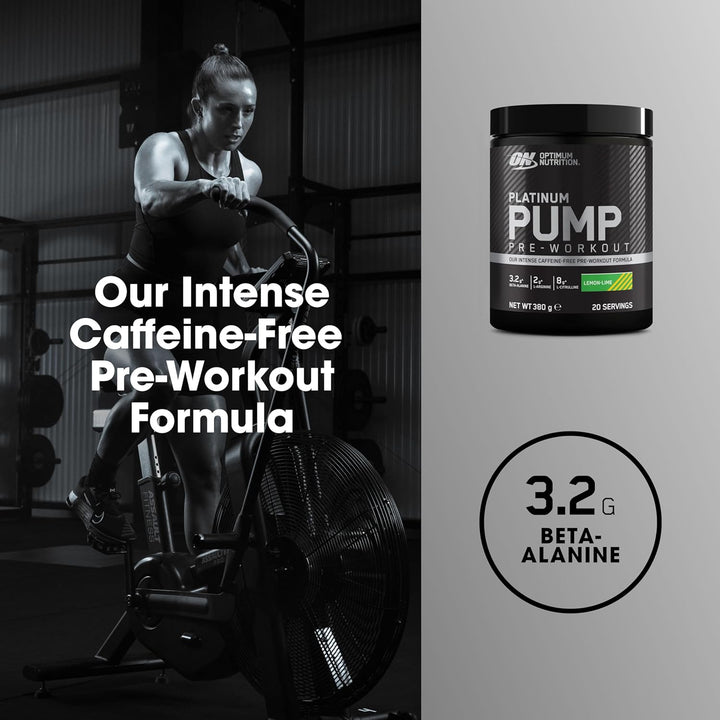 on Platinum Pump Pre-Workout, Intense Caffeine-Free Pre-Workout Food Supplement with Fruitflow, Beta-Alanine, L-Arginine, L-Citrulline, Lemon Lime Flavour, 20 Servings, 380 G