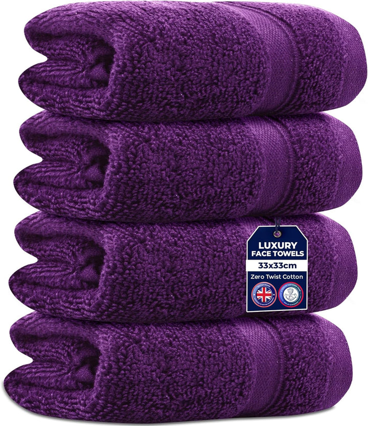 4 Packs Zero Twist Face Cloths 33X33Cm - 100% Cotton Washcloths Absorbent & Super Soft Hotel Quality Towels | Oeko-Tex Certified (4, Plum Purple)