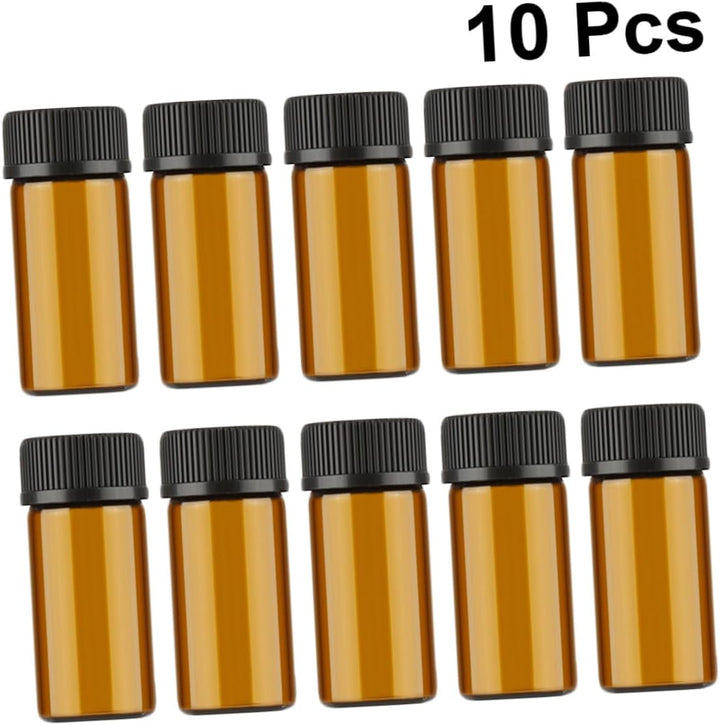 10 Pcs Mini Glass Vial Bottles with Grain Lid and Hole Plug Dark Brown Small Refillable Containers for Essential Oils Chemistry Samples Perfumes Portable Storage