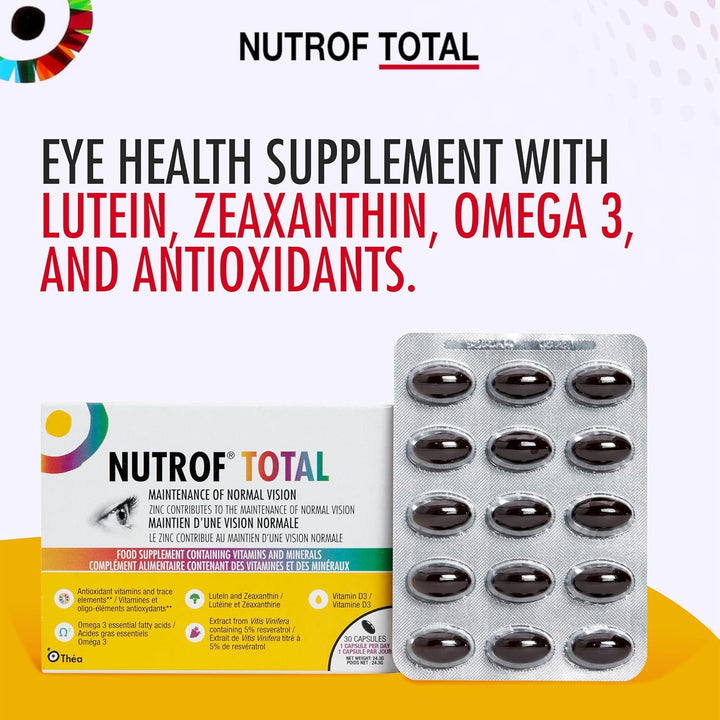 Nutrof Total Capsules – Eye Health Supplement with Lutein, Zeaxanthin, Omega 3, and Antioxidants | Essential Nutrients for Optimal Eye Health | Pack of 30 Capsules (1 Capsule per Day - 1-Month Supply)