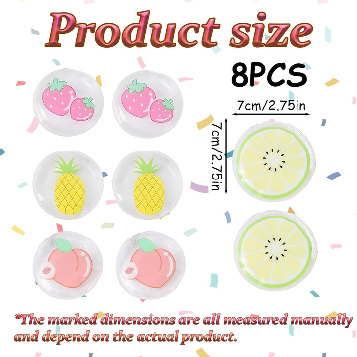 8 Pcs Kids Ice Packs, Mini Ice Packs for Kids, Small Ice Pack for Bumps and Bruises, Headache, Fever, 7X7Cm Reusable with Fun Fruit Designs (Pineapple, Strawberry, Peach, Lemon)