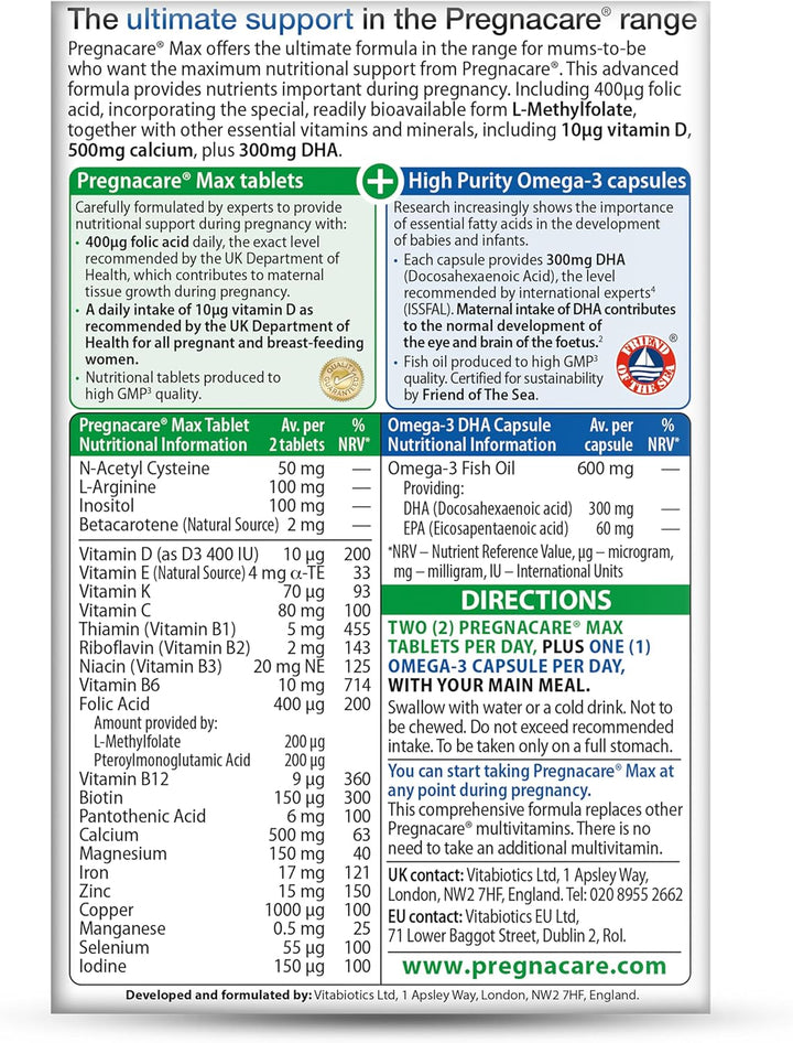 MAX Pregnancy Vitamins - Uk'S No.1 Pregnancy Brand. Greater Prenatal Care for Women, Supplement with Added Omega-3 DHA for Normal Brain and Eye Development,