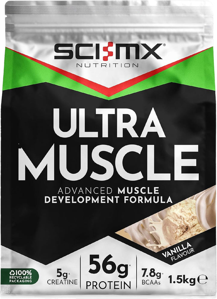 Ultra Muscle - Protein Powder for Muscle Development + 23 Vitamins & Minerals - Strawberry • 5G Creatine + 7.8G Bcaas per Serving • 1.5Kg
