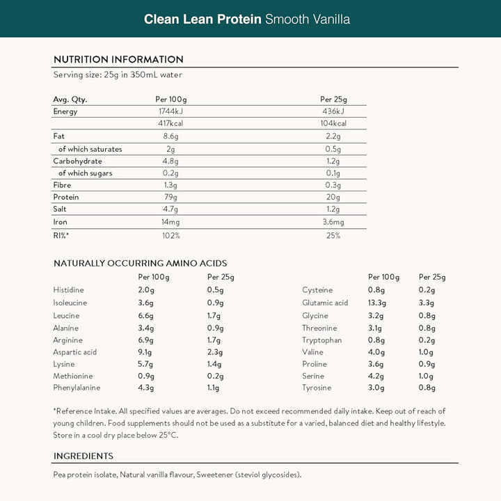 Vegan Protein Powders by  - Clean Lean Protein - Smooth Vanilla - Plant Based Pea Protein Shake - Low Calorie & Low Carb - Gluten Free - Dairy Free - 500G (20 Servings)