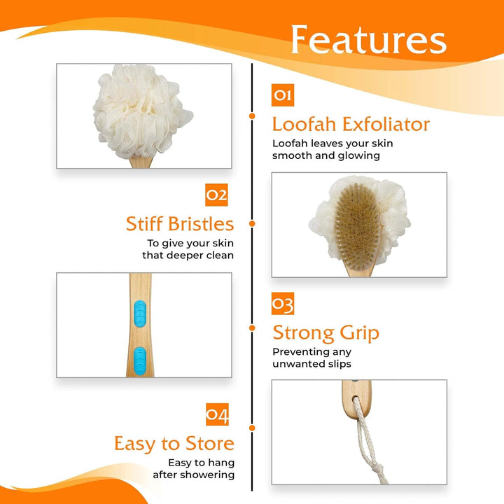 Back Scrubber 43Cm Long Wooden Handle, Double-Sided Shower Brush with Stiff Bristles and Loofah Exfoliates and Massages Skin, Ideal for Men and Women