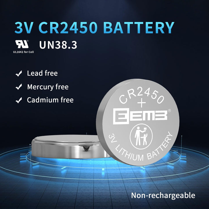 5 PACK CR2450 Battery 3V Lithium Battery 2450 Button Coin Cell Batteries DL2450, ECR2450, BR2450 for Watch Tea Lights Votive Candles Alarm System Car Key Fob Remote Control Calculators Toys Games