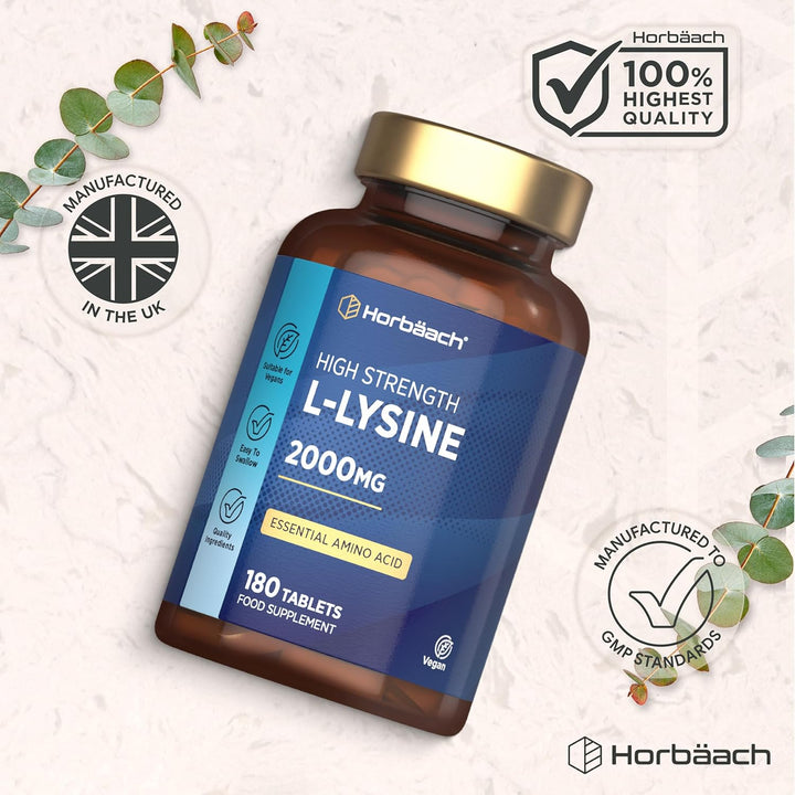 L-Lysine 2000Mg | 180 Tablets | Essential Amino Acid | Premium Supplement | Vegan & Vegetarian | by